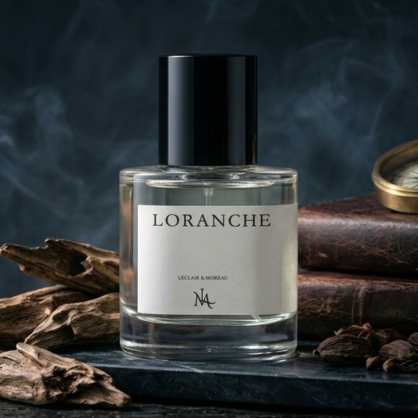 Leclair & Moreau No. 529 Santal 33 inspired perfume on minimal clean surface, unisex fragrance UK
